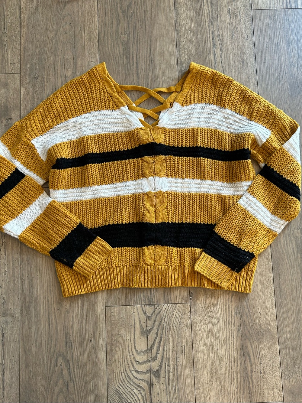 Full Circle Trends Mustard Stripe Knit Sweater with Lace-Up V-Neck